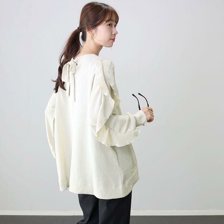 シワ加工袖フリル前開きブラウス|FUNNY COMPANY+